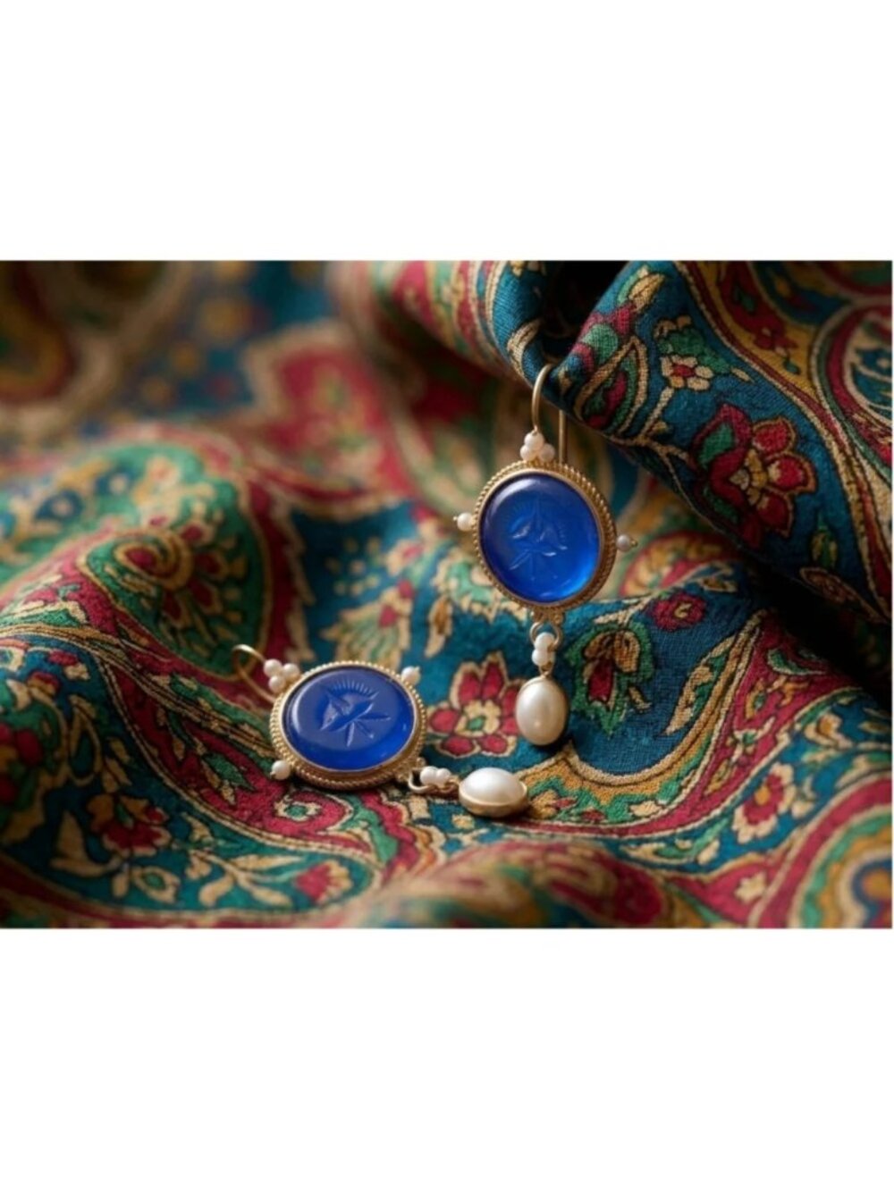 Museum Intaglio Earrings Blue Pearl Gold Cameo Flower Geometric Court Palace VTG